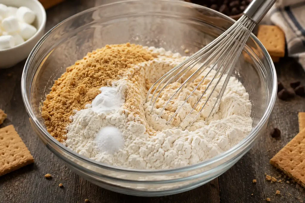 A glass bowl containing sifted flour, baking soda, salt, and crushed graham cracker crumbs being whisked together.