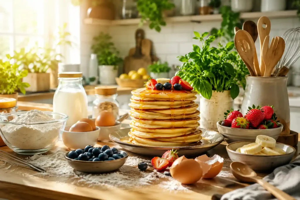 Bright sunlit modern kitchen countertop featuring a tall stack of fluffy homemade pancakes with melting butter, maple syrup, fresh strawberries, blueberries, sliced bananas, cracked eggs, flour, vibrant herbs, and wooden kitchen utensils on a rustic wooden surface.