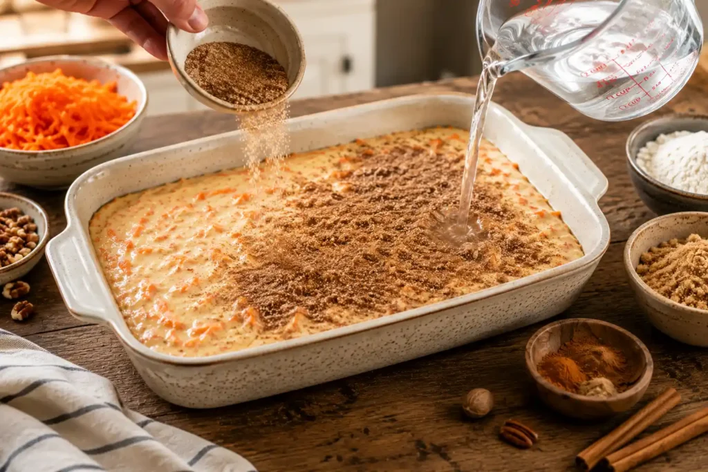 Carrot cake batter spread evenly in a rustic ceramic baking dish while a mixture of brown sugar and cinnamon is sprinkled over the top and hot water is carefully poured on to create the signature gooey caramel sauce for homemade carrot cake cobbler.