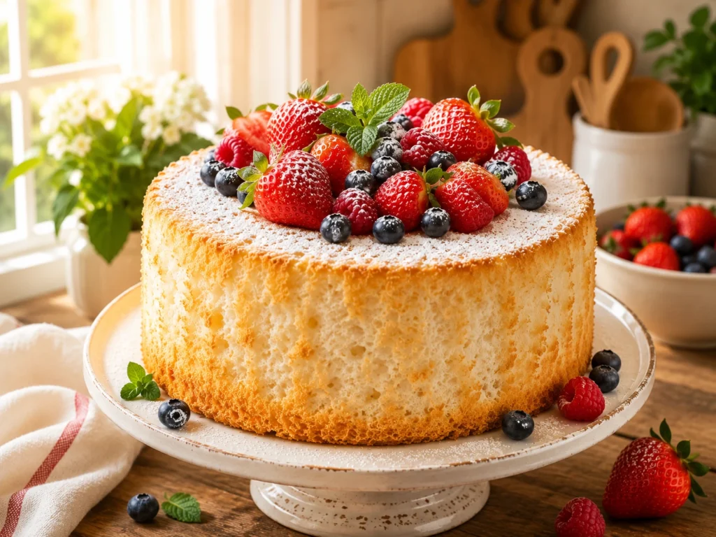 Homemade angel food cake dusted with powdered sugar and topped with fresh strawberries, blueberries, raspberries, and mint on a rustic white cake stand.