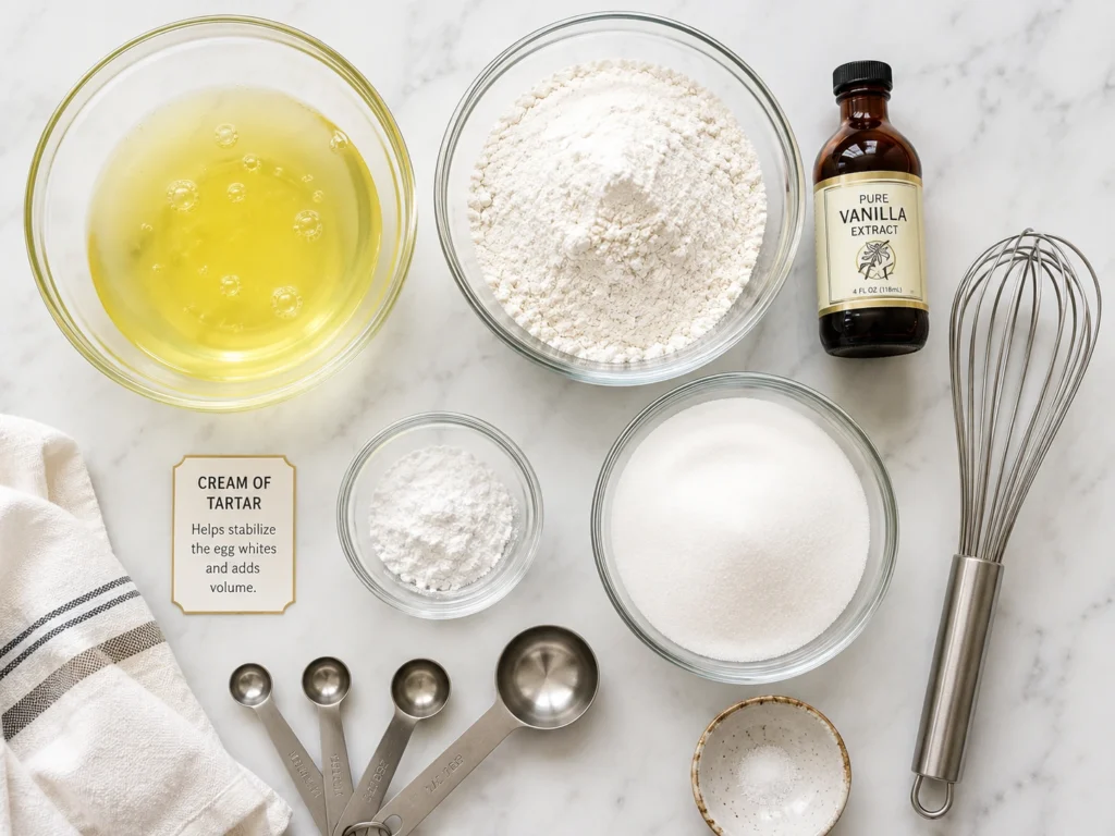 Flat-lay of angel food cake ingredients including egg whites, cake flour, granulated sugar, cream of tartar, vanilla extract, measuring spoons, and a wire whisk on a marble countertop.