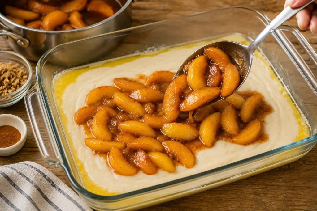 Warm cinnamon-coated sliced peaches being carefully spooned over smooth white cobbler batter layered on melted butter in a glass baking dish, ready to bake into homemade peach cobbler.