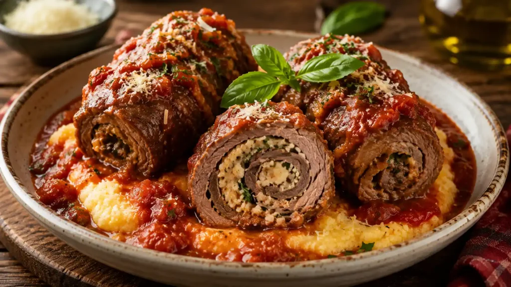 Sliced authentic Italian beef braciole stuffed with Parmesan cheese and herbs, served over creamy polenta with rich tomato sauce on a rustic plate.