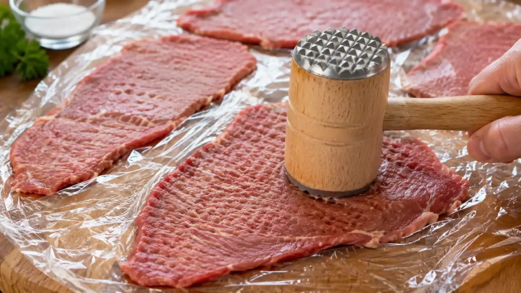 Close-up of thin beef cutlets laid under plastic wrap while being gently pounded flat with a wooden meat mallet on a wooden cutting board, preparing beef for traditional Italian braciole.