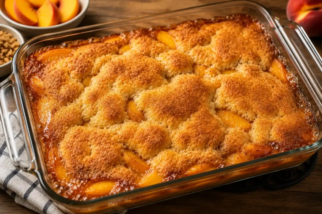 Freshly baked golden-brown peach cobbler in a glass baking dish with a crisp buttery crust and bubbling peach juices around the edges, just pulled from the oven.