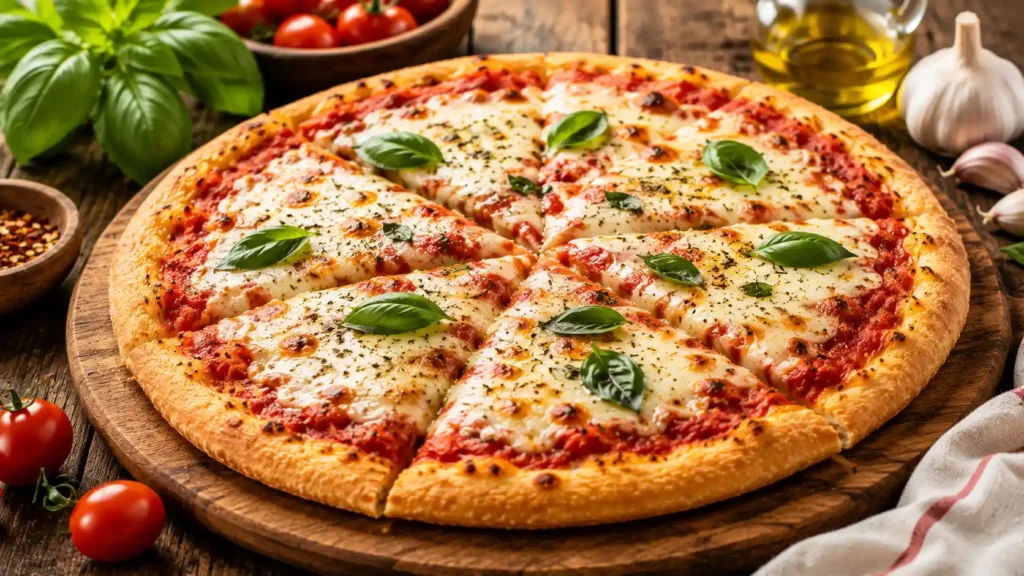 A golden homemade gluten free pizza with a crispy crust, melted mozzarella cheese, fresh basil, and tomato sauce served on a wooden pizza board with fresh ingredients nearby.