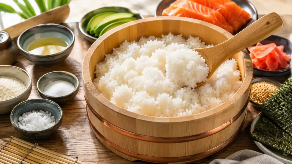 A traditional wooden hangiri bowl filled with glossy Japanese sushi rice, with a wooden rice paddle lifting fluffy seasoned rice. Fresh salmon, avocado, cucumber, nori sheets, toasted sesame seeds, rice vinegar, sugar, and salt surround the bowl on a rustic wooden table in soft natural light.