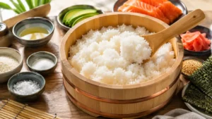 A traditional wooden hangiri bowl filled with glossy Japanese sushi rice, with a wooden rice paddle lifting fluffy seasoned rice. Fresh salmon, avocado, cucumber, nori sheets, toasted sesame seeds, rice vinegar, sugar, and salt surround the bowl on a rustic wooden table in soft natural light.