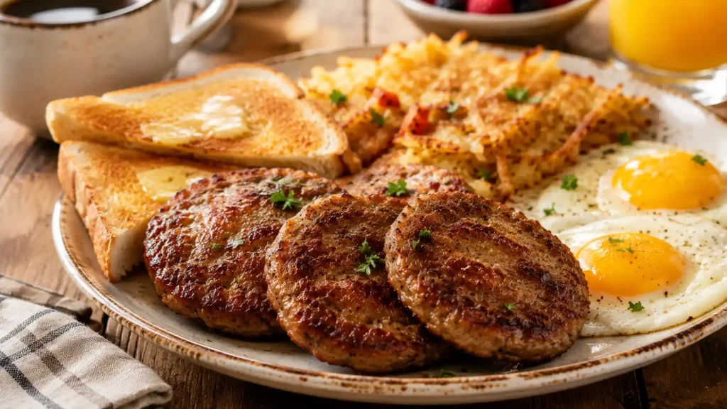 Golden brown homemade breakfast sausage patties served with sunny-side-up eggs, crispy hash browns, buttered toast, and fresh parsley on a rustic ceramic plate.