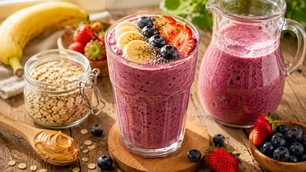 A tall glass of creamy berry-banana breakfast smoothie garnished with fresh strawberries, blueberries, chia seeds, and banana slices.