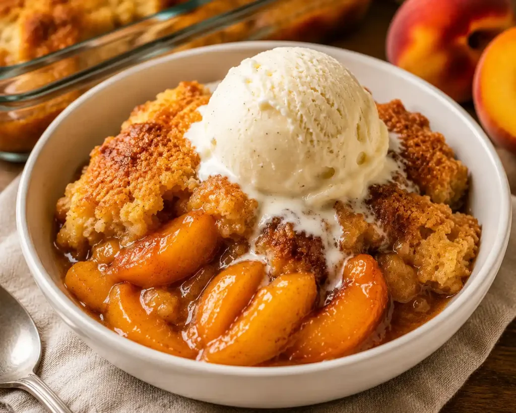 A generous serving of warm peach cobbler in a white bowl topped with melting vanilla bean ice cream, featuring juicy cinnamon-spiced peaches and a golden buttery crust.