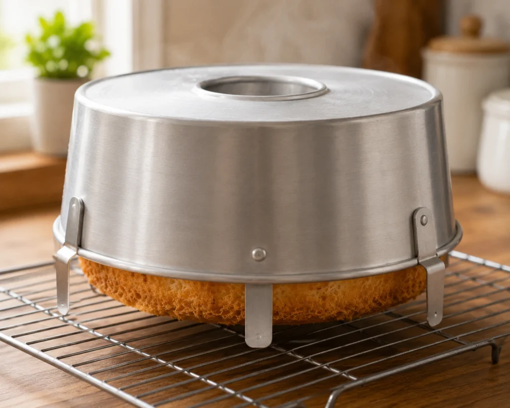 Freshly baked angel food cake cooling upside down in a metal tube pan on a wire rack, with a golden-brown crust and light steam rising.