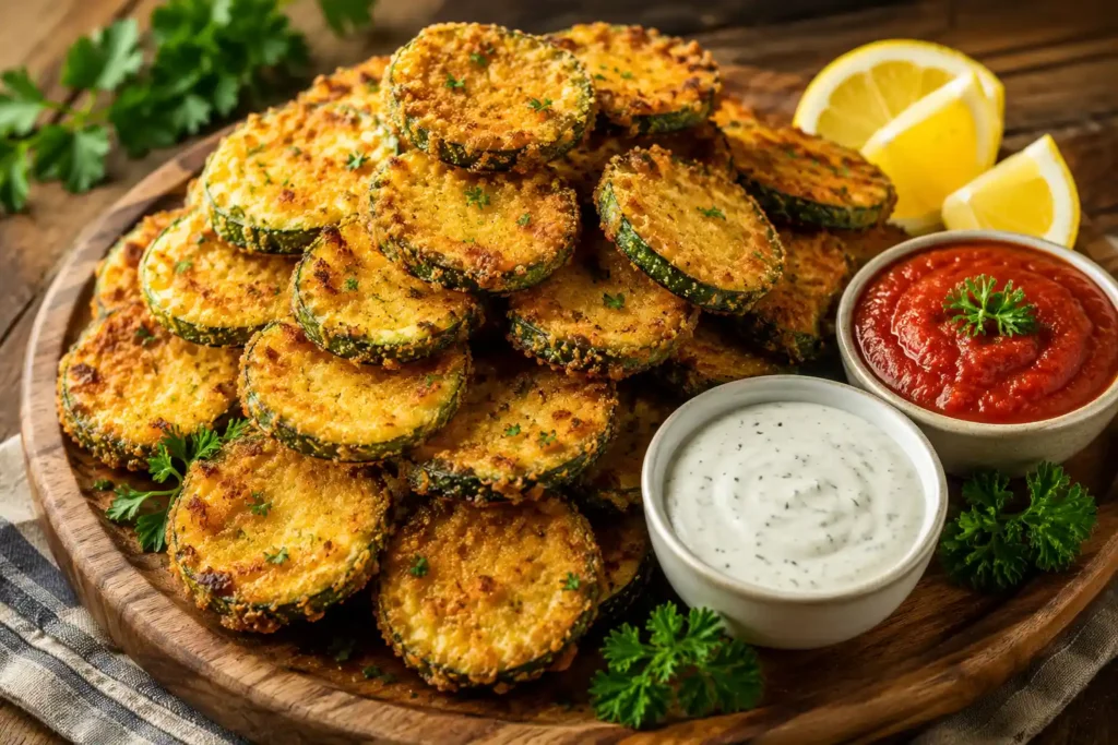 Towering pile of crispy golden-brown fried zucchini rounds on a rustic wooden platter with creamy ranch dressing, marinara sauce, fresh parsley, and lemon wedges.