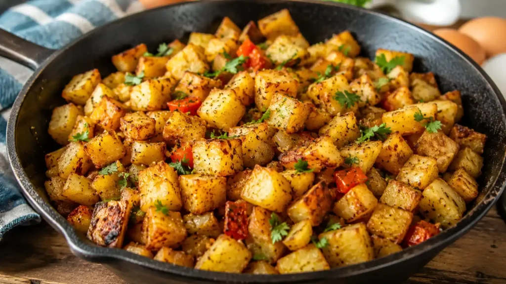 Crispy golden skillet breakfast potatoes sprinkled with fresh parsley in a cast-iron pan alongside sunny-side-up eggs and bacon.