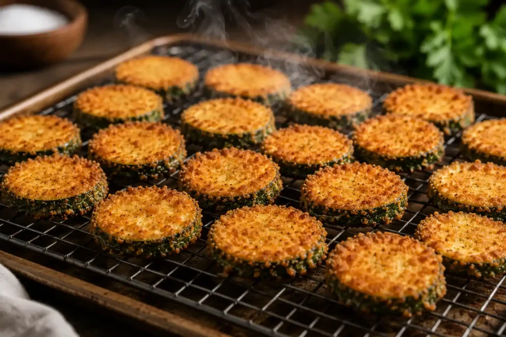 Freshly fried golden-brown zucchini rounds cooling on a wire rack with steam rising, showing a crispy breadcrumb coating and crunchy texture.