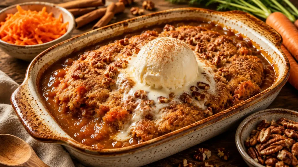 A warm homemade carrot cake cobbler baked in a rustic ceramic baking dish with a golden cinnamon-spiced cake topping, gooey caramel sauce bubbling around the edges, and a melting scoop of vanilla ice cream, garnished with chopped pecans, freshly grated carrots, and cinnamon on a rustic wooden table in soft natural afternoon light.