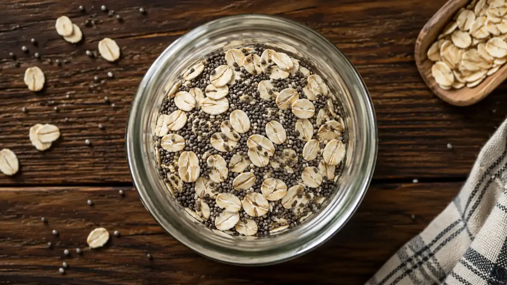 Top-down view of rolled oats and black chia seeds mixed inside a clear glass mason jar on a dark rustic wooden table, with scattered oats creating a clean, healthy breakfast preparation scene.