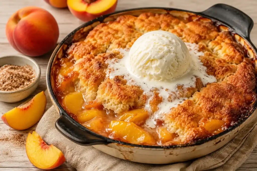 Warm golden-brown peach cobbler baked in a rustic cast-iron skillet with juicy bubbling peaches beneath a soft buttery crust, topped with a melting scoop of vanilla bean ice cream and surrounded by fresh peach slices and cinnamon sugar on a light wooden table.