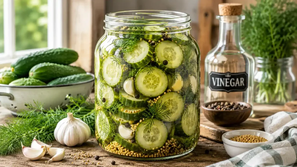 A large glass mason jar filled with crisp homemade refrigerator pickles made from sliced cucumbers, fresh dill sprigs, garlic cloves, black peppercorns, mustard seeds, and clear vinegar brine on a rustic table.