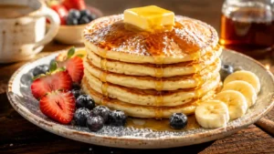 A tall stack of fluffy golden homemade pancakes topped with melting butter, maple syrup drip, fresh strawberries, blueberries, and sliced bananas.