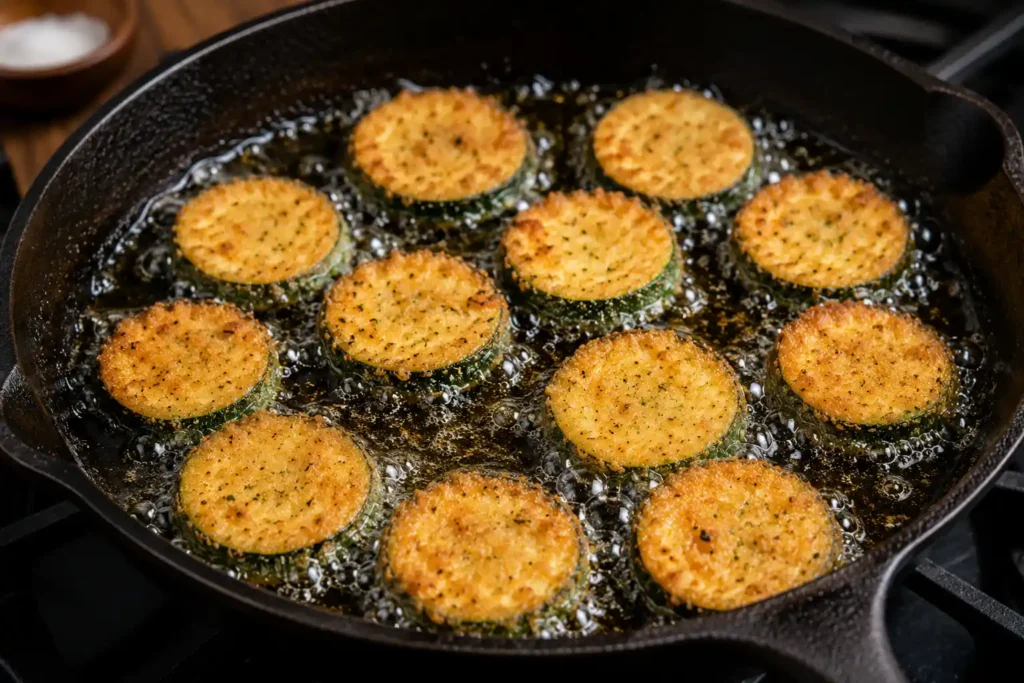 Breaded zucchini rounds frying in bubbling hot oil inside a cast-iron skillet until crispy and golden brown for a homemade fried zucchini recipe.