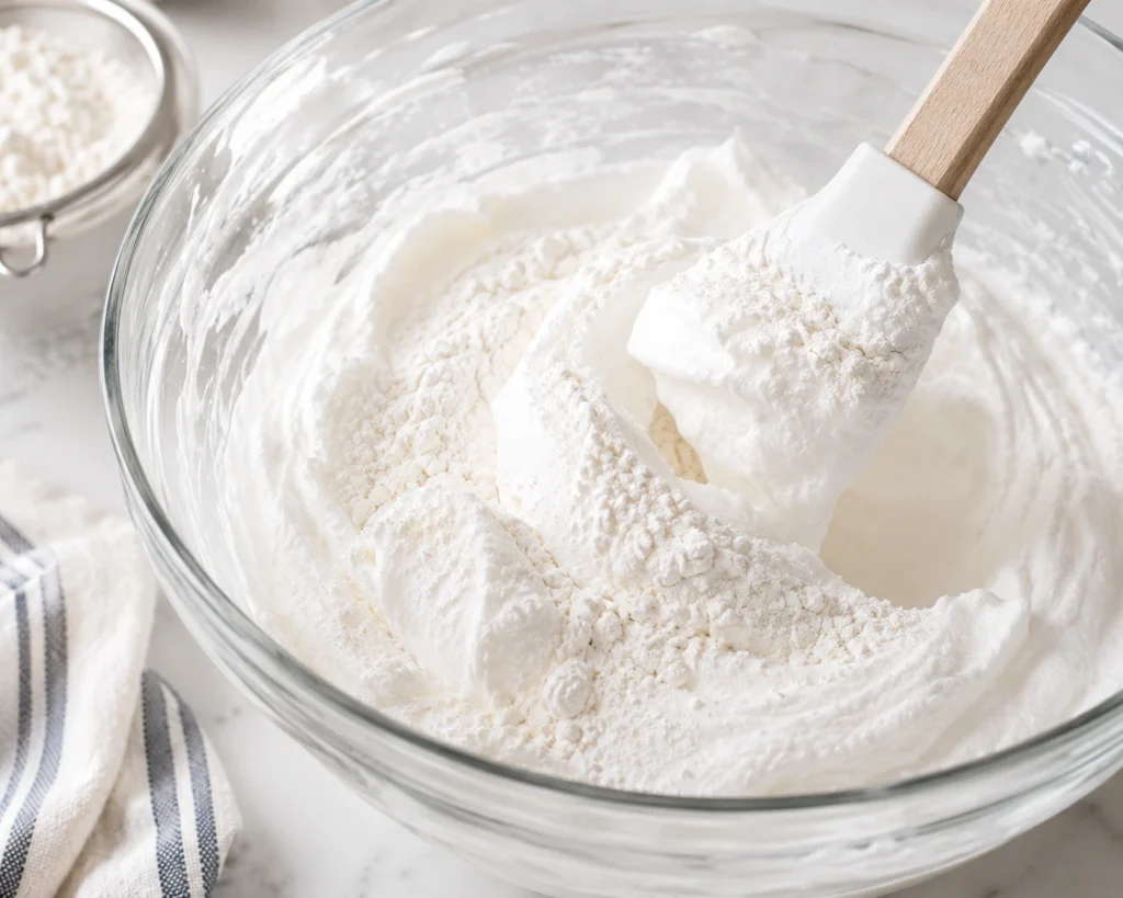 Rubber spatula gently folding sifted cake flour into fluffy whipped egg whites in a glass bowl to make light and airy angel food cake batter.