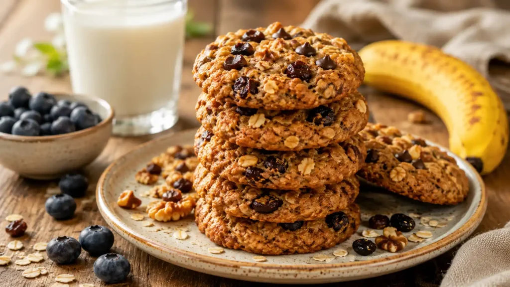 A stacked pile of golden homemade oat breakfast cookies with raisins and chocolate chips served next to a glass of milk and fresh blueberries.