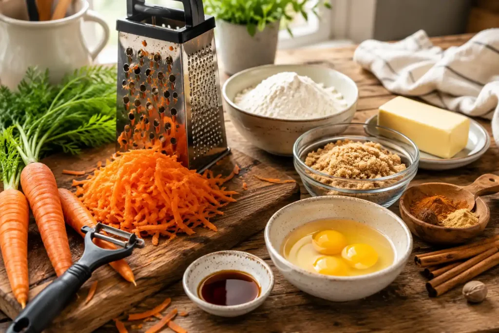 Fresh carrots being peeled and grated on a wooden cutting board beside bowls of flour, brown sugar, cinnamon, nutmeg, butter, eggs, and vanilla extract in a bright farmhouse kitchen while preparing homemade carrot cake cobbler.