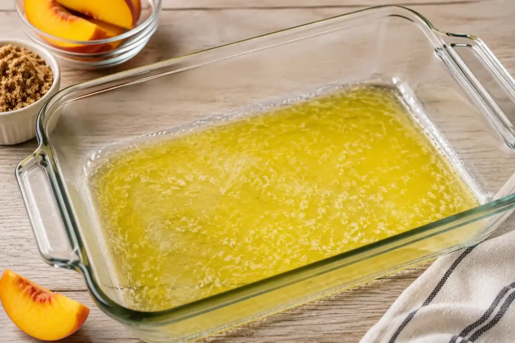 A 9x13 glass baking dish with melted golden butter evenly coating the bottom, placed on a light wooden countertop beside fresh peach slices and baking ingredients, ready for making homemade peach cobbler.