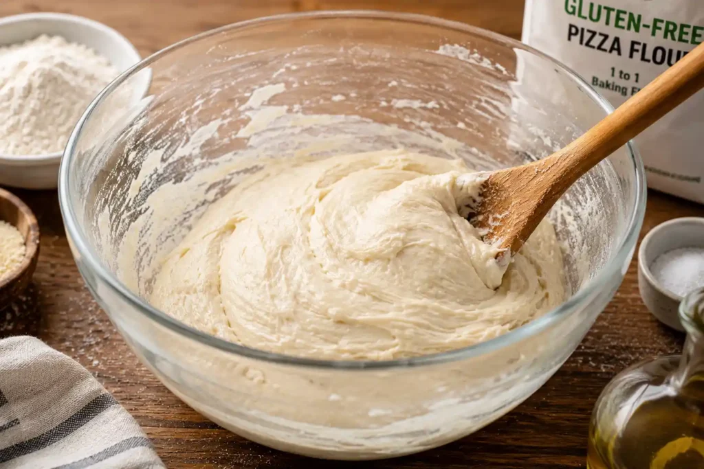 Gluten-free pizza dough being mixed in a large clear glass bowl with a wooden spoon until smooth and well combined, surrounded by gluten-free flour, olive oil, and baking ingredients on a rustic wooden countertop.