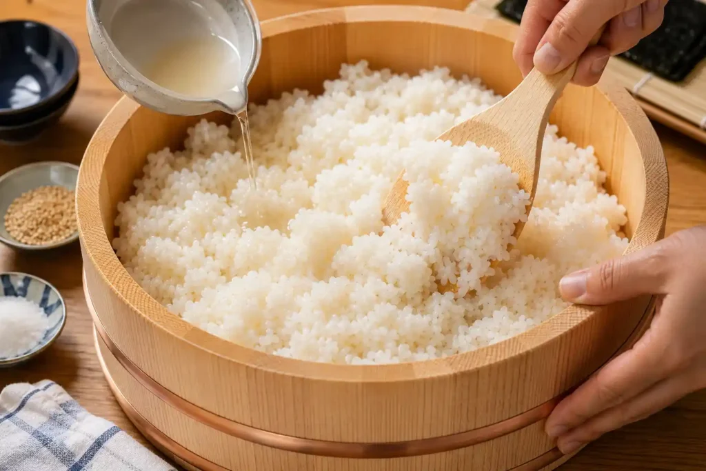 Freshly cooked Japanese sushi rice spread in a traditional wooden hangiri bowl while seasoned rice vinegar is gently folded into the rice with a wooden paddle, creating glossy, perfectly seasoned sushi rice.