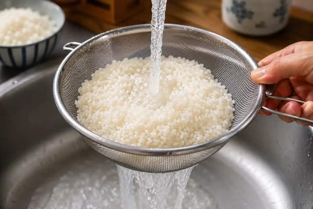 Japanese short-grain sushi rice being rinsed under cold running water in a fine mesh strainer over a kitchen sink, removing excess starch until the water runs nearly clear before cooking.