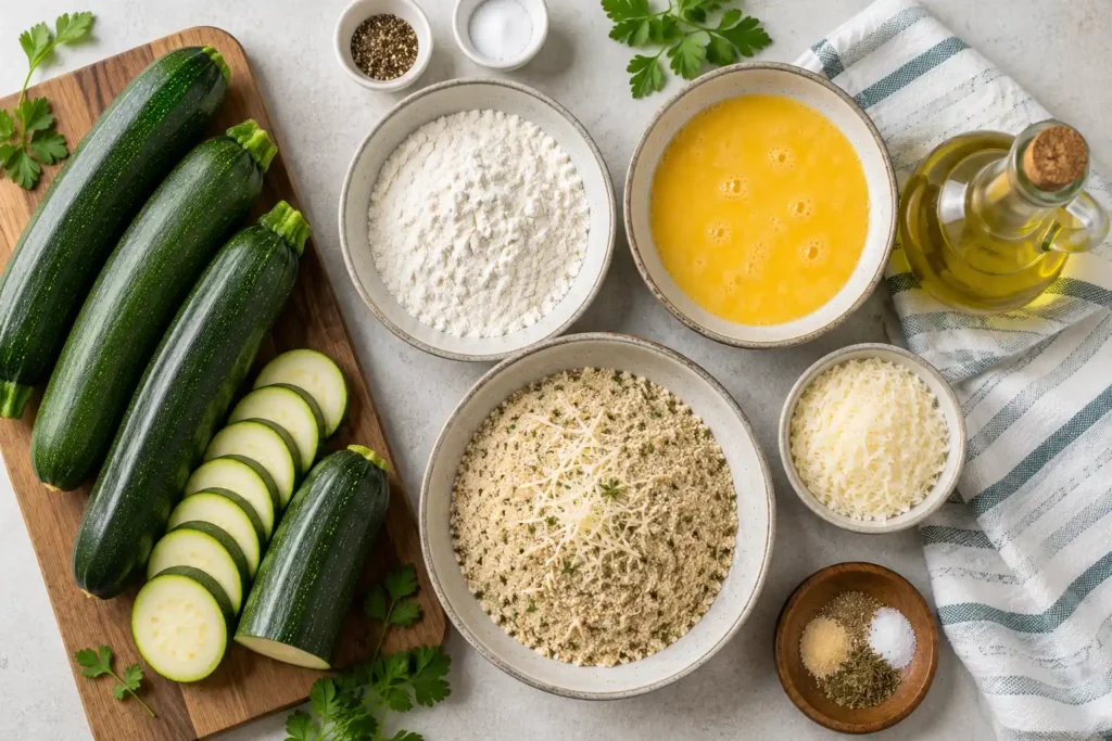 Flat-lay of fresh zucchini, flour, whisked eggs, seasoned Parmesan breadcrumbs, and vegetable oil arranged on a countertop for making crispy fried zucchini.