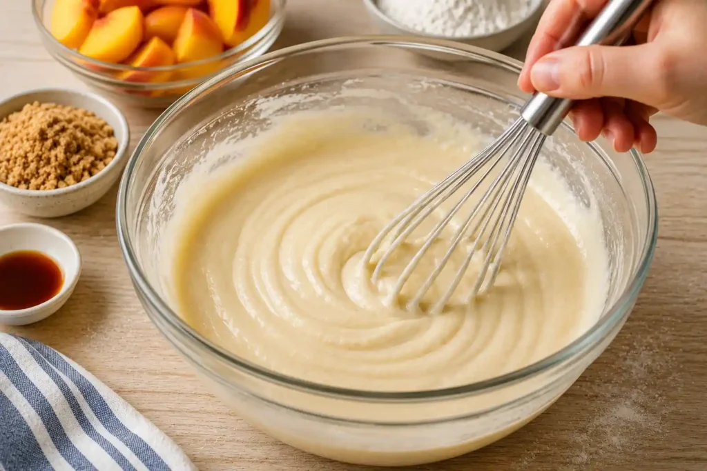 A hand whisking smooth, creamy cobbler batter in a clear glass mixing bowl on a wooden countertop, surrounded by fresh peach slices and baking ingredients for homemade peach cobbler.