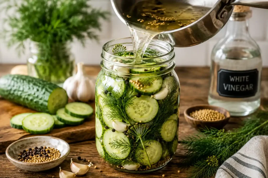 Hot vinegar brine being carefully poured from a saucepan into a large glass mason jar packed with fresh cucumber slices, dill sprigs, garlic cloves, black peppercorns, and mustard seeds on a rustic wooden kitchen table in natural daylight, preparing homemade refrigerator pickles.
