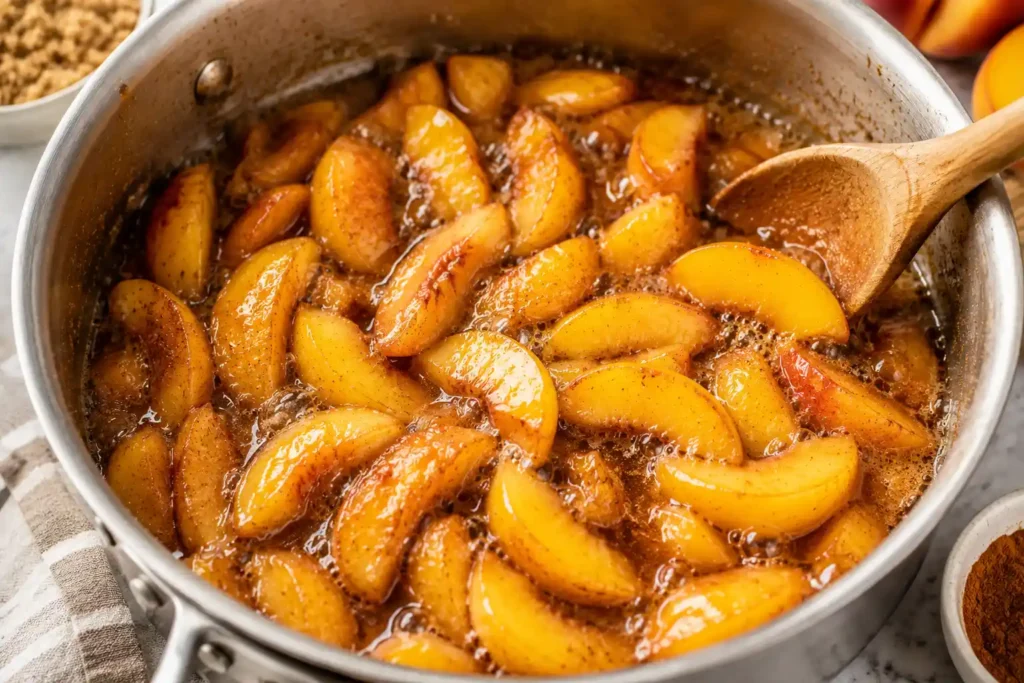 Fresh sliced yellow peaches gently simmering in a saucepan with cinnamon, brown sugar, butter, and bubbling juices, creating a rich, glossy peach filling for homemade peach cobbler.
