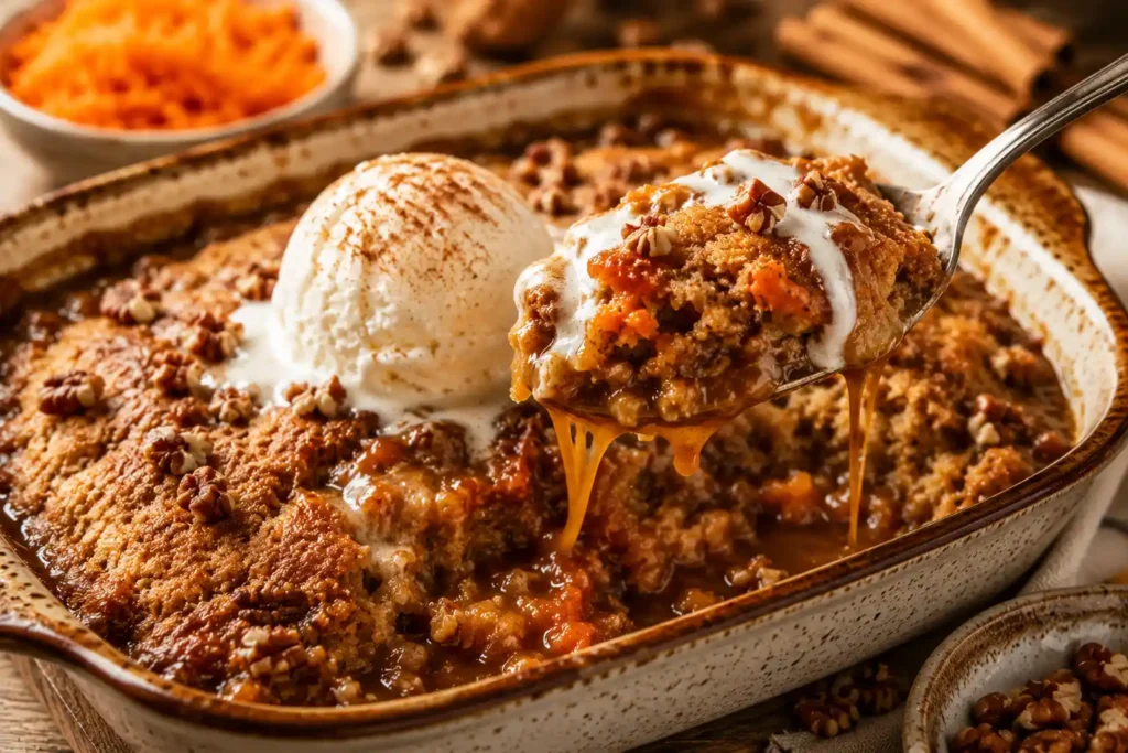 A serving spoon lifting a warm scoop of homemade carrot cake cobbler with gooey caramel sauce and melting vanilla ice cream from a rustic ceramic baking dish, revealing the soft cinnamon-spiced cake texture, shredded carrots, and rich caramel filling.