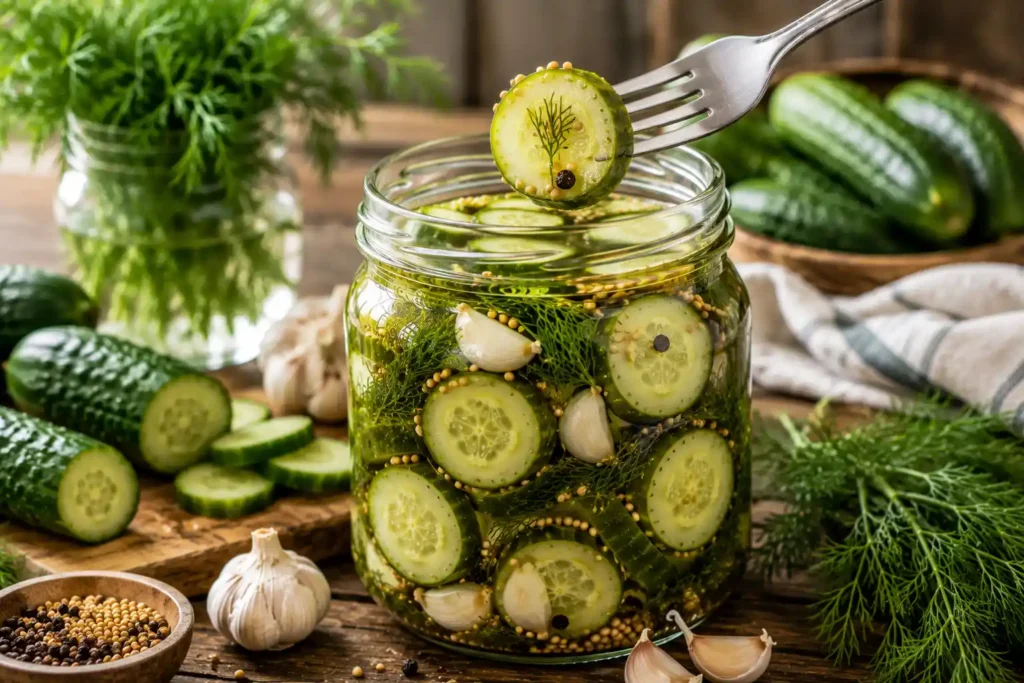 A glass mason jar filled with homemade refrigerator pickles as a fork lifts a crisp cucumber pickle slice from the clear vinegar brine, surrounded by fresh dill, garlic cloves, whole cucumbers, mustard seeds, and black peppercorns on a rustic wooden table in soft natural daylight.