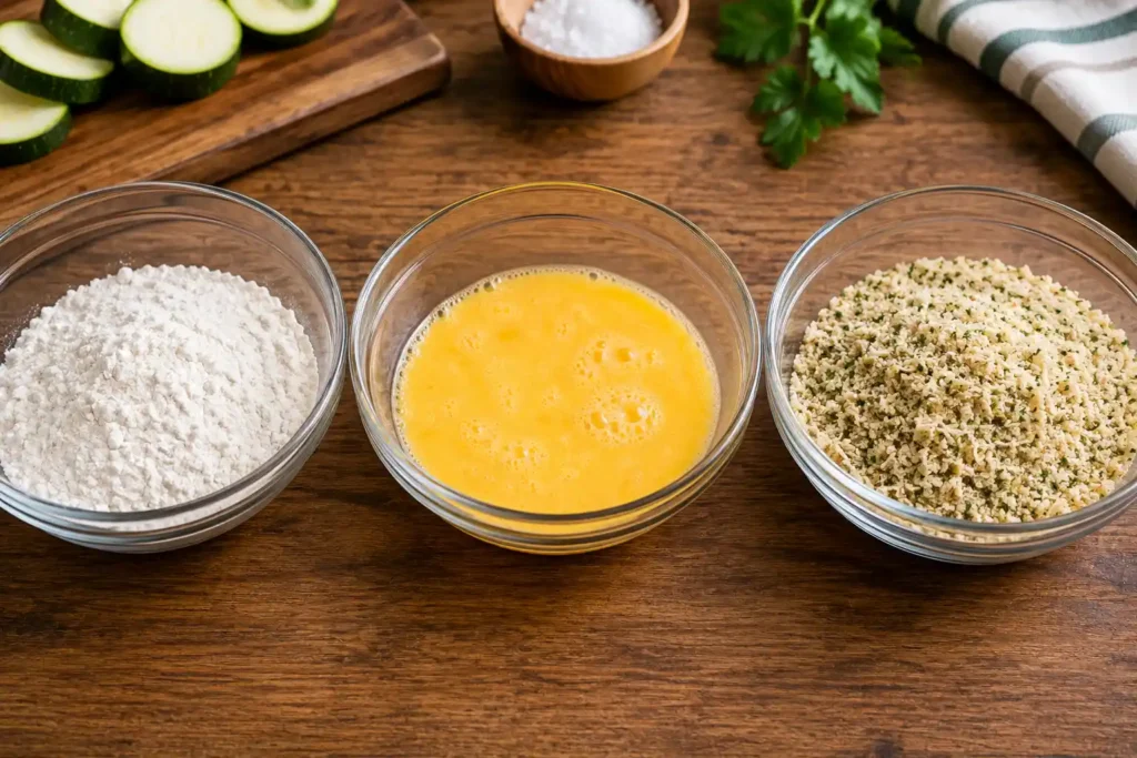 Three glass bowls filled with flour, beaten eggs, and seasoned Parmesan breadcrumb mixture arranged as a breading station for crispy fried zucchini.