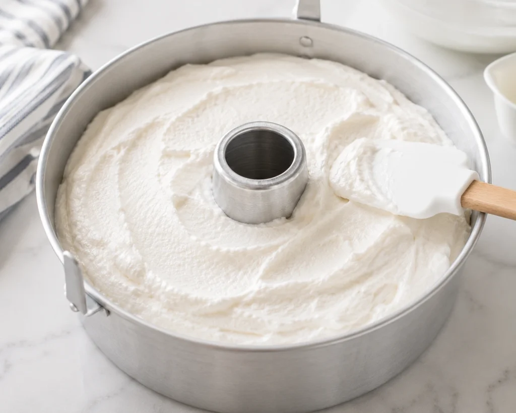 Light and airy angel food cake batter spooned into an ungreased aluminum tube pan while a rubber spatula gently smooths the surface before baking.