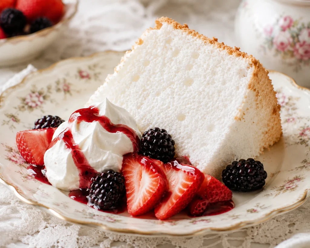 Slice of homemade angel food cake served with fresh strawberries, blackberries, whipped cream, and berry sauce on a vintage floral dessert plate.
