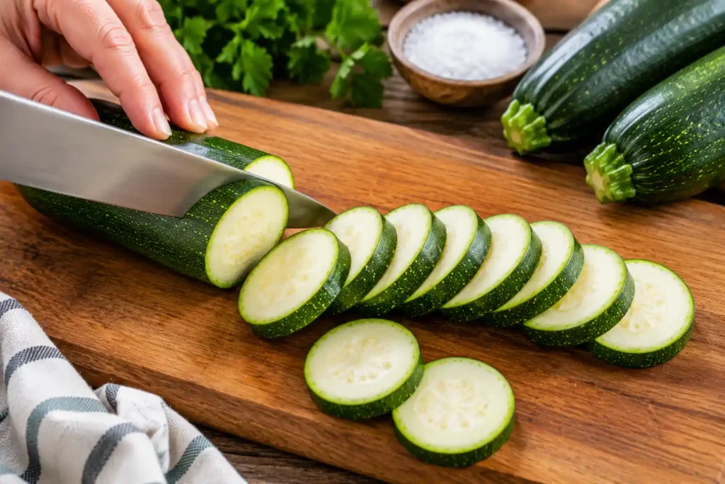 Chef's knife slicing a fresh green zucchini into even 1/4-inch rounds on a wooden cutting board for a crispy fried zucchini recipe.