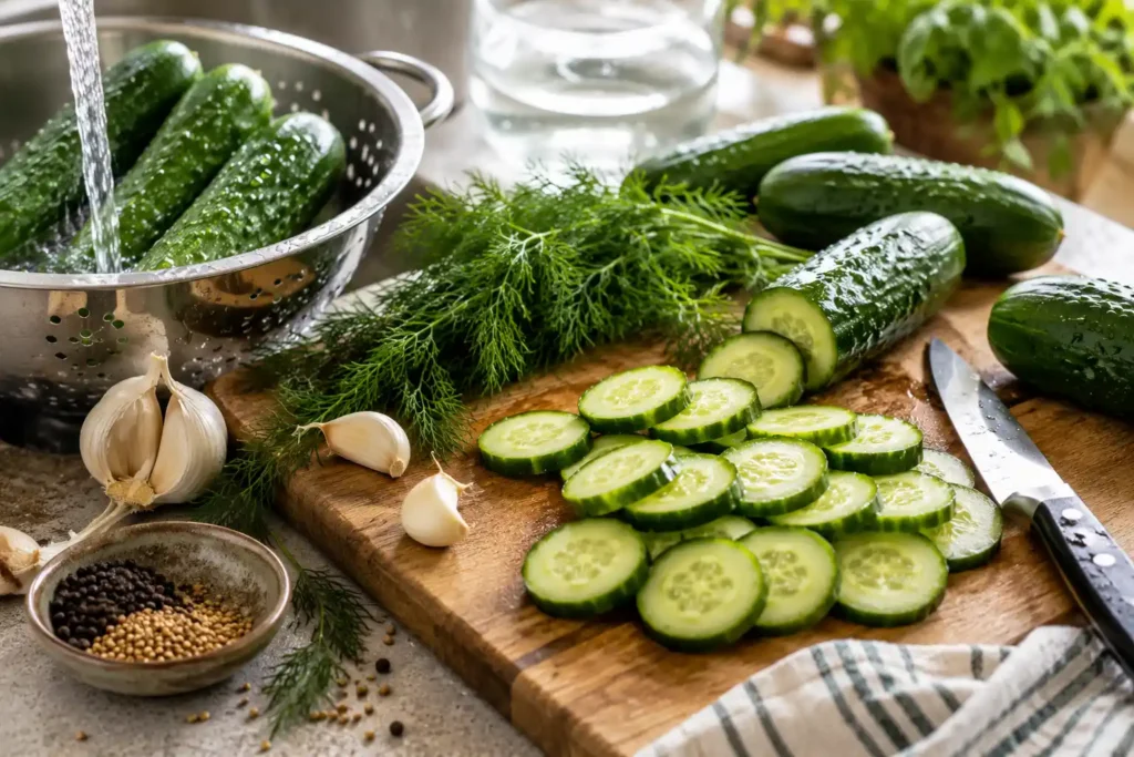 Fresh cucumbers being washed and sliced into pickle chips on a rustic wooden cutting board, surrounded by fresh dill, garlic cloves, black peppercorns, mustard seeds, and a sharp kitchen knife in soft natural daylight, preparing homemade refrigerator pickles.