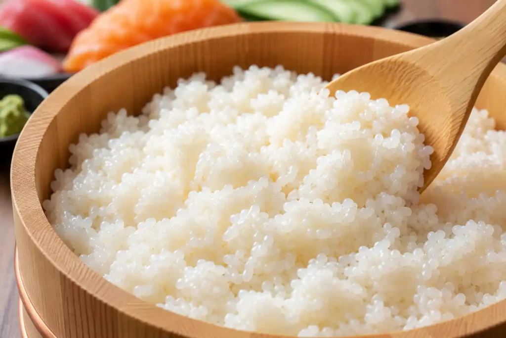 Close-up of perfectly seasoned Japanese sushi rice with a glossy, sticky texture in a traditional wooden bowl, ready for making sushi rolls, nigiri, hand rolls, and poke bowls.