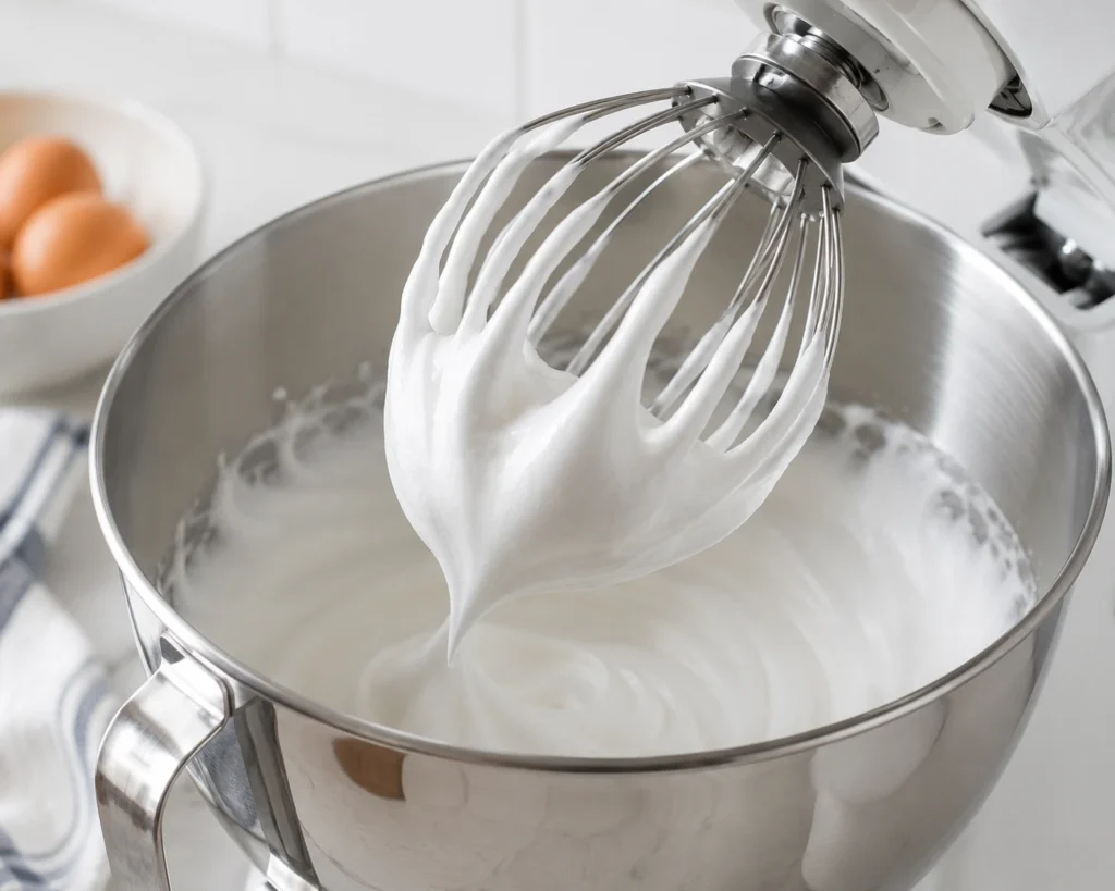 Egg whites whipped into glossy soft peaks in a stainless steel mixing bowl using a stand mixer whisk attachment for homemade angel food cake.