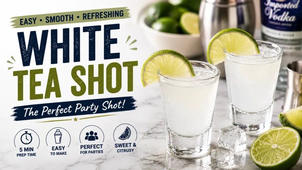 White Tea Shot Recipe served in two chilled shot glasses with fresh lime wedges on a marble countertop