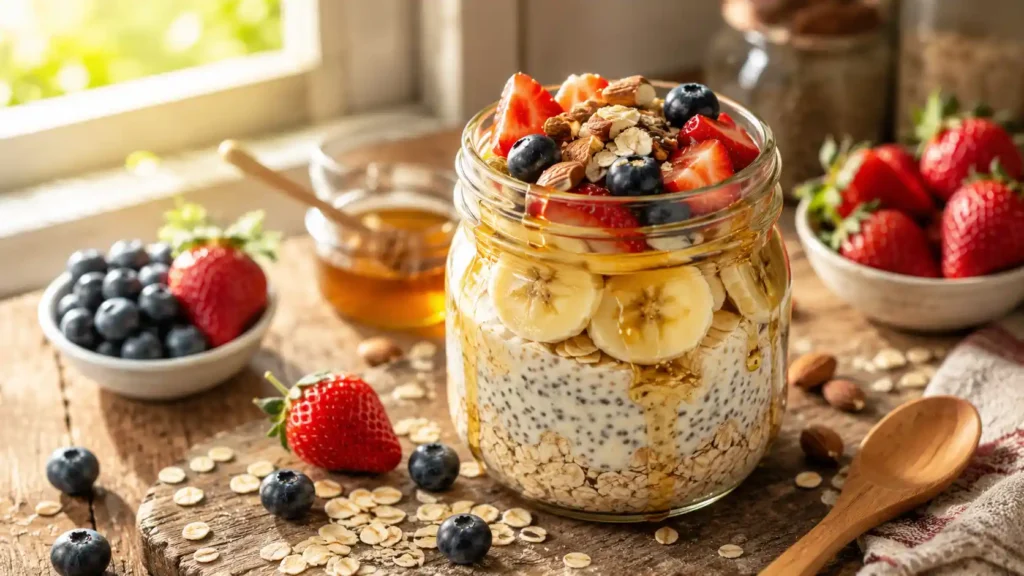 A clear glass mason jar filled with creamy overnight oats made with Greek yogurt and chia seeds, topped with fresh strawberries, blueberries, banana slices, and a honey drizzle.
