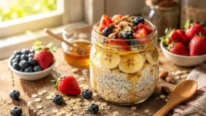 A clear glass mason jar filled with creamy overnight oats made with Greek yogurt and chia seeds, topped with fresh strawberries, blueberries, banana slices, and a honey drizzle.