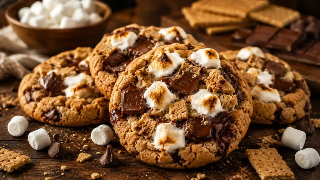 Freshly baked S'mores Cookie Recipe with gooey toasted marshmallows, melted chocolate chunks, and graham cracker pieces on a rustic wooden table