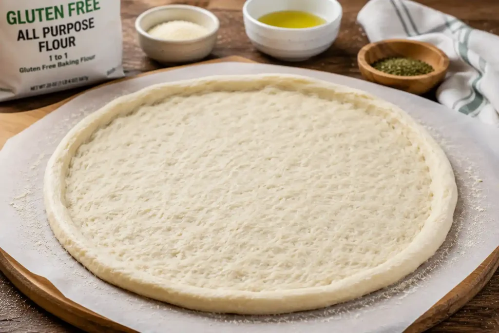 Soft gluten-free pizza dough shaped into a round pizza crust on parchment paper, ready for pre-baking before adding sauce, cheese, and toppings, with gluten-free flour and baking ingredients nearby.
